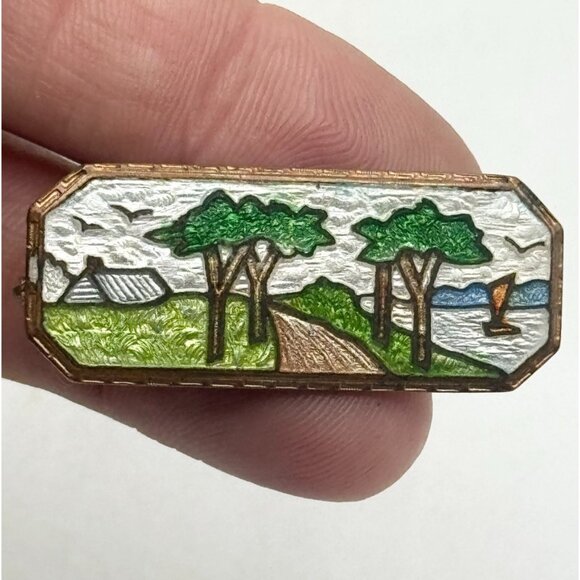 Estate Guilloche enamel Bar Pin Brooch - Picture 1 of 3